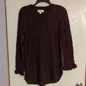 ELLE  Women's Lightweight Sweater with Ruffle Detail, Burgundy Color
